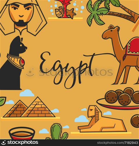 Egypt travel poster of Egyptian landmark symbols and famous sightseeing attractions. Vector Egyptian pyramids and Pharao cat or Sphinx, falafel food or Arab man and camel with cat and palms. Egypt symbols vector poster of Egyptian travel landmarks and famous sightseeing attractions