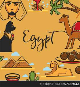 Egypt travel poster of Egyptian landmark symbols and famous sightseeing attractions. Vector Egyptian pyramids and Pharao cat or Sphinx, falafel food or Arab man and camel with cat and palms. Egypt symbols vector poster of Egyptian travel landmarks and famous sightseeing attractions