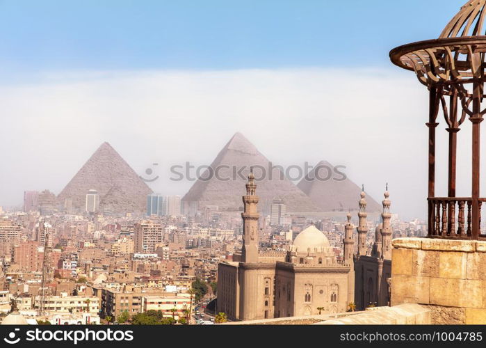 Egypt world known sights, view on the Pyramids of Giza and the Mosque of Cairo.. Egypt world known sights, view on the Pyramids of Giza and the Mosque of Cairo