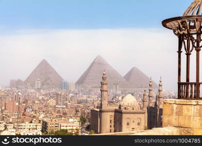 Egypt world known sights, view on the Pyramids of Giza and the Mosque of Cairo.. Egypt world known sights, view on the Pyramids of Giza and the Mosque of Cairo