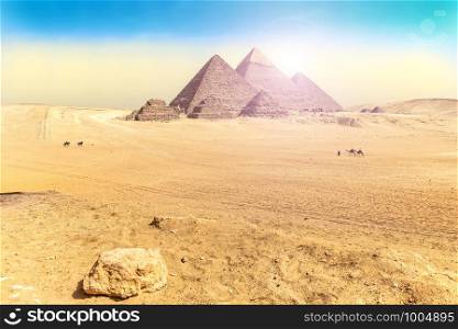Egyptian desert scenery with the Great Pyramids of Giza.. Egyptian desert scenery with the Great Pyramids of Giza