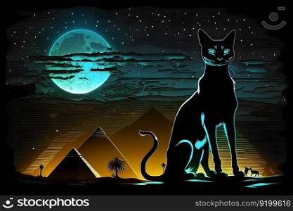 Egyptian fantasy abstract background, Egyptian goddess Bastet, black cat. Neural network AI generated art. Egyptian fantasy abstract background, Egyptian goddess Bastet, black cat. Neural network generated art