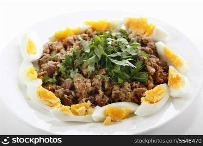 Egyptian foul - or ful - medames on a plate garneshed with slices of hard-boiled egg and flat-leaf parsley. Foulm made from fava beans, lemon juice, olive oil, cumin powder, cayenne salt and black pepper is probably Egypt&rsquo;s most famous food.