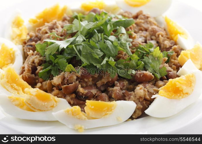 Egyptian foul - or ful - medames on a plate garneshed with slices of hard-boiled egg and flat-leaf parsley. Foulm made from fava beans, lemon juice, olive oil, cumin powder, cayenne salt and black pepper is probably Egypt&rsquo;s most famous food.