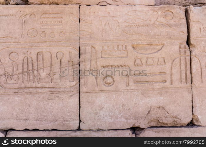 Egyptian hieroglyphs. Hieroglyphic carvings on a wall