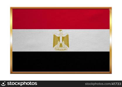 Egyptian national official flag. Arab Republic of Egypt patriotic symbol, banner, element, background. Correct colors. Flag of Egypt , golden frame, fabric texture, illustration. Accurate size, color