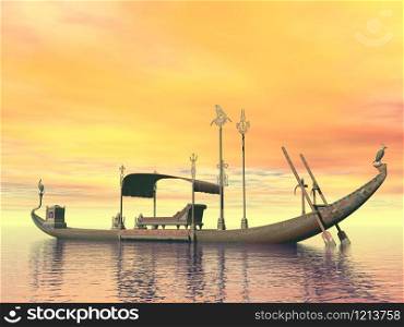 Egyptian sacred barge with throne floating on the water by sunset. Egyptian sacred barge with throne - 3D render