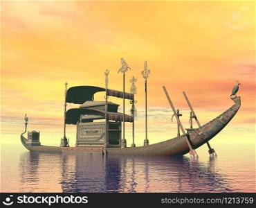 Egyptian sacred barge with tomb floating on the water by sunset. Egyptian sacred barge with tomb - 3D render