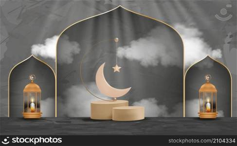 Eid al Adha Mubarak greeting design with Crescent Moon and Star hanging on 3D podium on grey cement background.illustration Backdrop of Religion of Muslim Symbolic for Eid al fitr, Ramadan Kareem