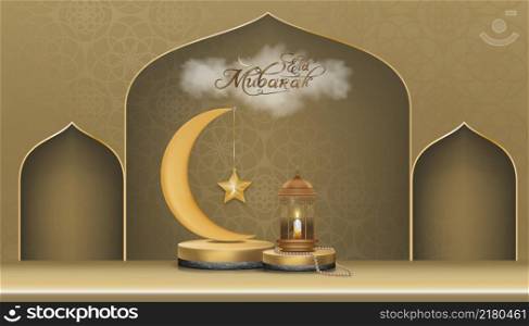 Eid al Adha Mubarak greeting design with Crescent Moon and Star hanging on 3D podium on Golden background.Backdrop of Religion of Muslim Symbolic for Eid al fitr, Ramadan Kareem