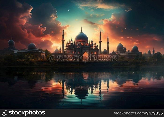 Eid al adha mubarak islamic festival celebration with mosque. Generative AI