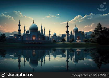 Eid al adha mubarak islamic festival celebration with mosque. Generative AI