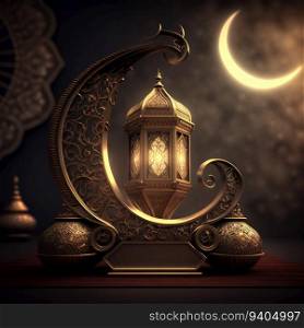 Eid Illuminations, Minimalistic Stock Photo Illustration with Crescent Moon and Light Lanterns