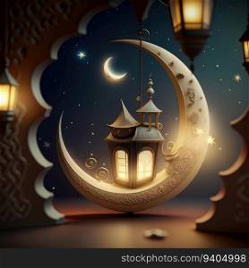Eid Illuminations, Minimalistic Stock Photo Illustration with Crescent Moon and Light Lanterns