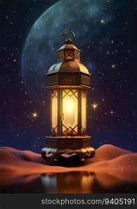 Eid Mubarak in Simplicity, Crescent Moon and Minimal Light Lanterns as Background