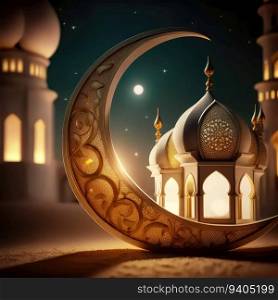 Eid Mubarak in Simplicity, Crescent Moon and Minimal Light Lanterns as Background