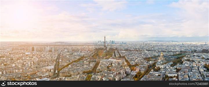 Eiffel tower and Paris city view form Montparnasse tower panorama. Sunny autumn day. Aerial panormic view of Paris skyline. Eiffel tower and Paris city view form Montparnasse tower panorama. Sunny autumn day. Aerial panormic view of Paris skyline.