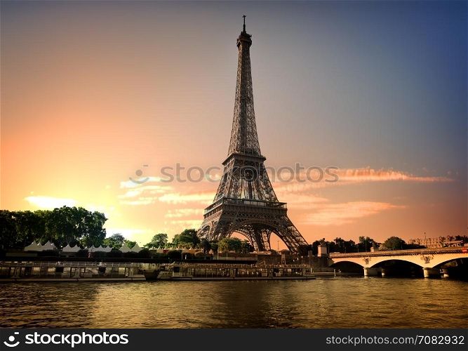 Eiffel tower and river Seine at summer evening in Paris, France