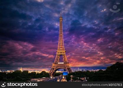Eiffel tower at sunset in Paris France