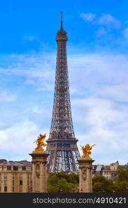 Eiffel tower from Pont Alexandre III in Paris France over Seine river