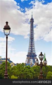 Eiffel tower from Pont Alexandre III in Paris France over Seine river