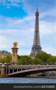 Eiffel tower from Pont Alexandre III in Paris France over Seine river