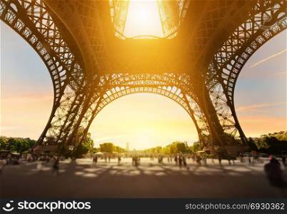 Eiffel Tower from the inside at sunset. Paris