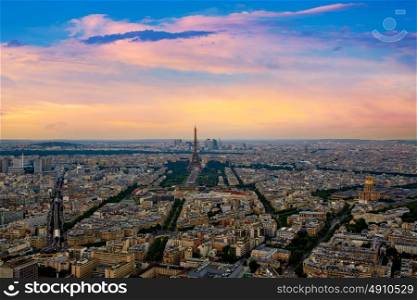 Eiffel Tower in Paris aerial sunset at France