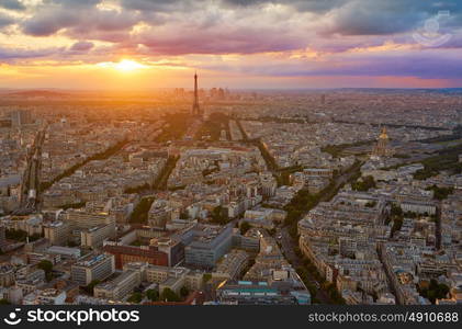 Eiffel Tower in Paris aerial sunset at France