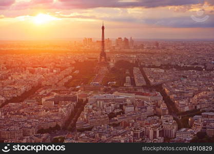 Eiffel Tower in Paris aerial sunset at France