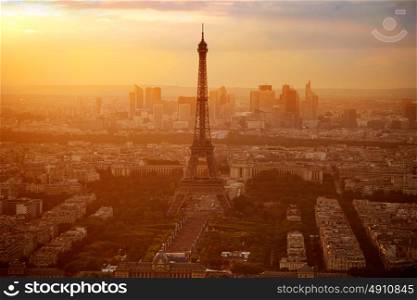 Eiffel Tower in Paris aerial sunset at France