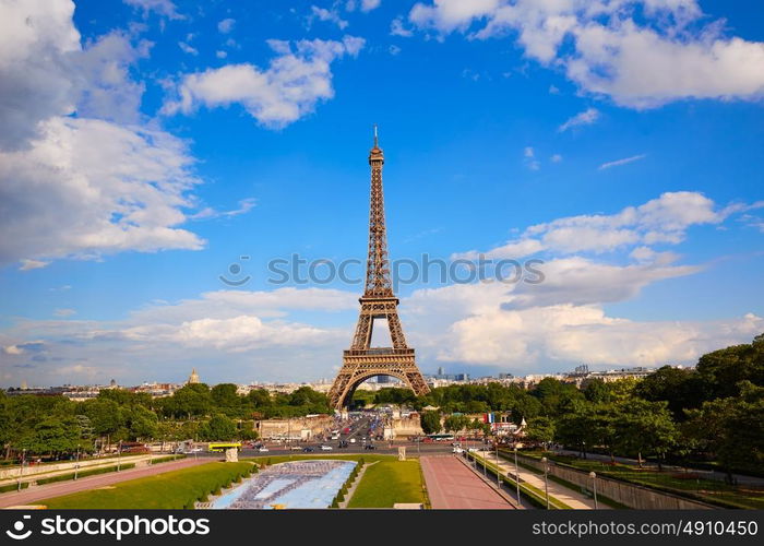 Eiffel Tower in Paris under blue sunny sky at France