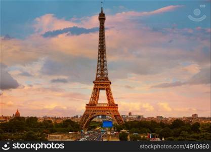 Eiffel Tower in Paris under blue sunny sky at France