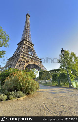 Eiffel tower in Paris view from a little path in garden of Champs de Mars