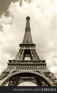 Eiffel Tower in sepia closeup