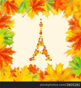 eiffel tower of flowers with autumn leaves frame