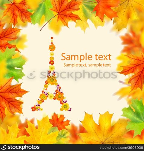 eiffel tower of flowers with autumn leaves frame