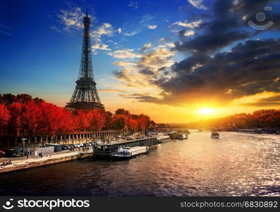 Eiffel tower on the bank of Seine in Paris, France. Eiffel Tower in autumn