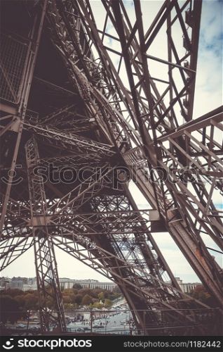 Eiffel Tower structure view from inside, Paris, France. Eiffel Tower structure, Paris, France