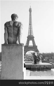 Eiffel tower, view from Trocadero, Paris. Black and white image