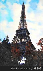 Eiffel tower watercolor during the day in Paris. Eiffel tower watercolor during the day