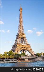 Eiffel Tower with blue sky along river seine, Paris France