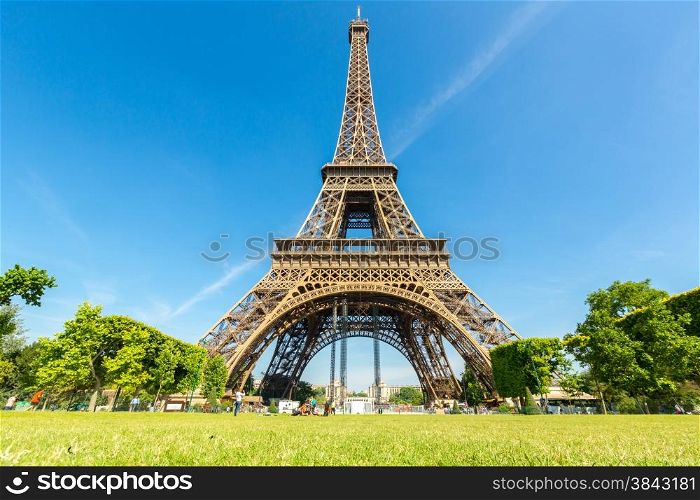 Eiffel Tower with blue sky from garden, Paris France