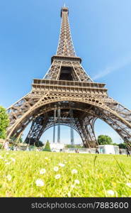 Eiffel Tower with blue sky from garden, Paris France