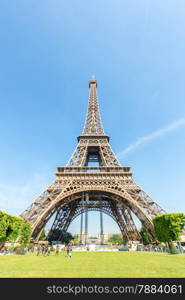 Eiffel Tower with blue sky from garden, Paris France