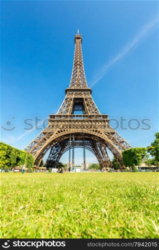 Eiffel Tower with blue sky from garden, Paris France