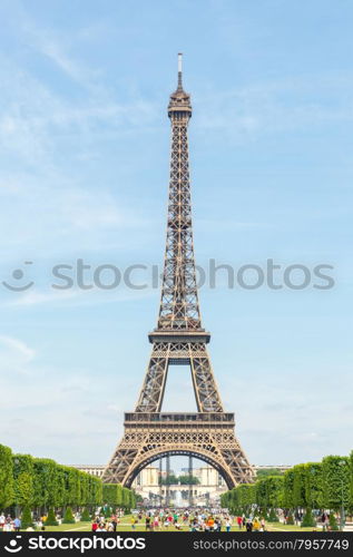 Eiffel Tower with blue sky from garden, Paris France