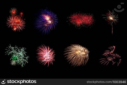 Eight colorful fireworks on black background
