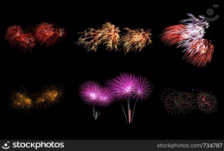 Eight colorful fireworks on black background