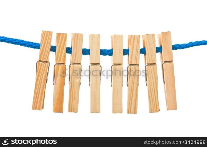 Eight pegs hanging in a rope, white isolated background.